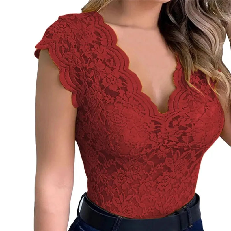 Women Slim Tunic Lace V Neck T-shirt