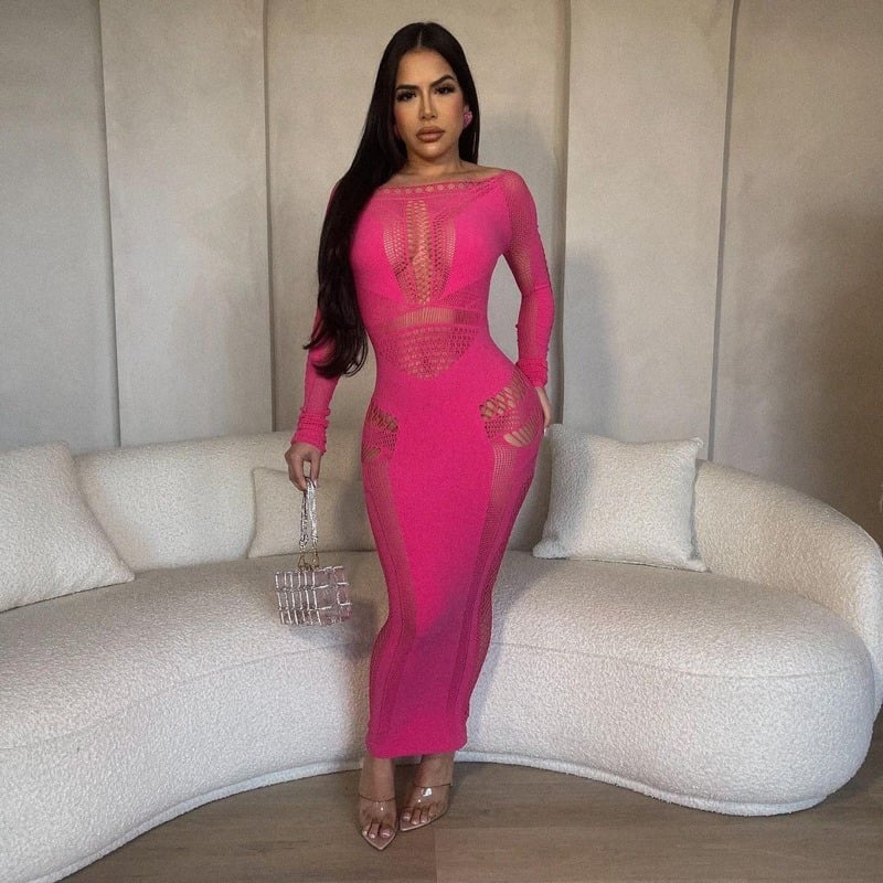 Hollow Knit Long Bodycon Dress for Women