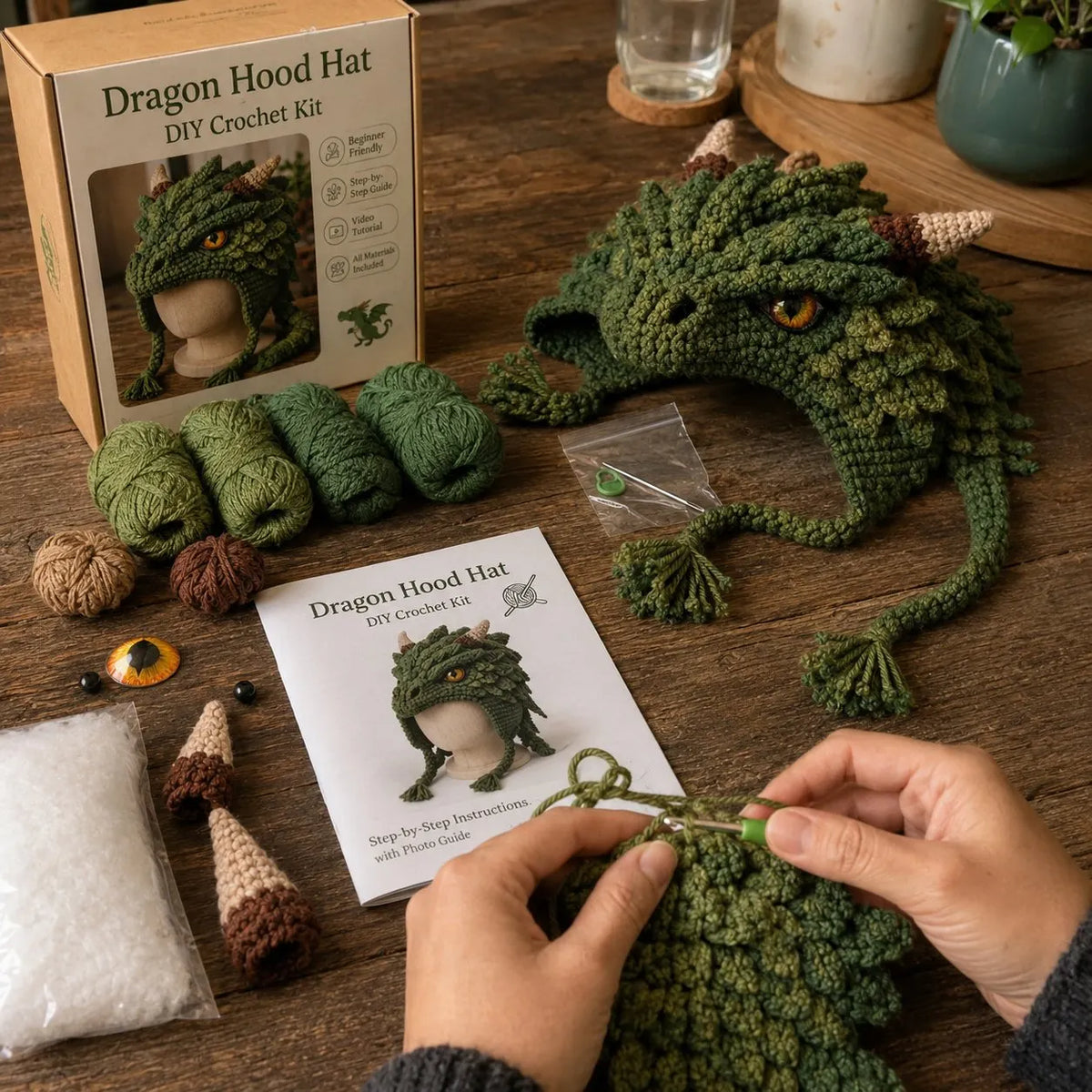 🔥HOT SALE🔥🐉✨ Fantasy Hood Hat DIY Crochet Kit | Premium Soft Yarn Materials with Step-by-Step Guide DIY Handmade Wearable Character Hood 🧶🎭✨