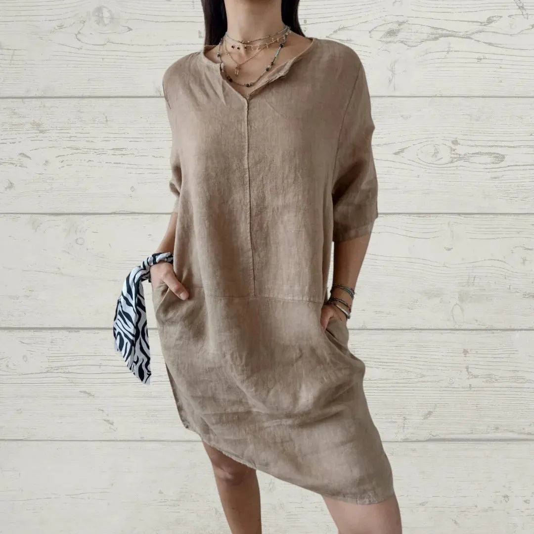 Linen-Cotton V-Neck Loose Fit Pocketed Dress