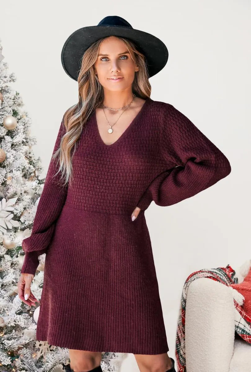 Knit V-Neck Mini Sweater Dress(BUY 2 FREE SHIPPING)