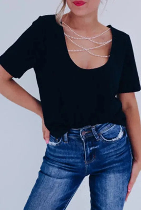 Pearl Beaded Backless Two-Way Short-Sleeved Top (Buy 2 Free Shipping)