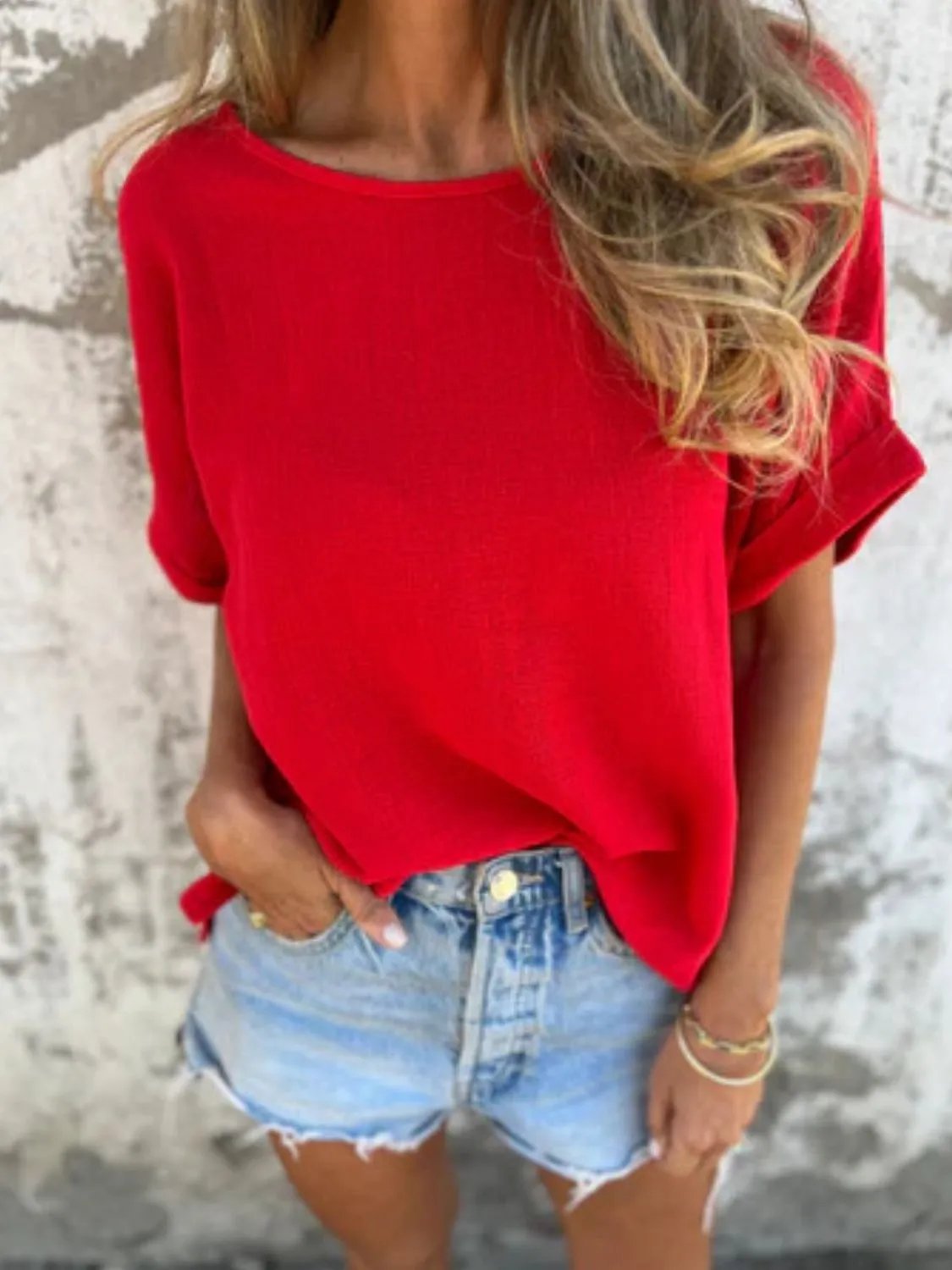 Full Size Round Neck Short Sleeve T-Shirt Plus Size(Buy 2 free shipping)
