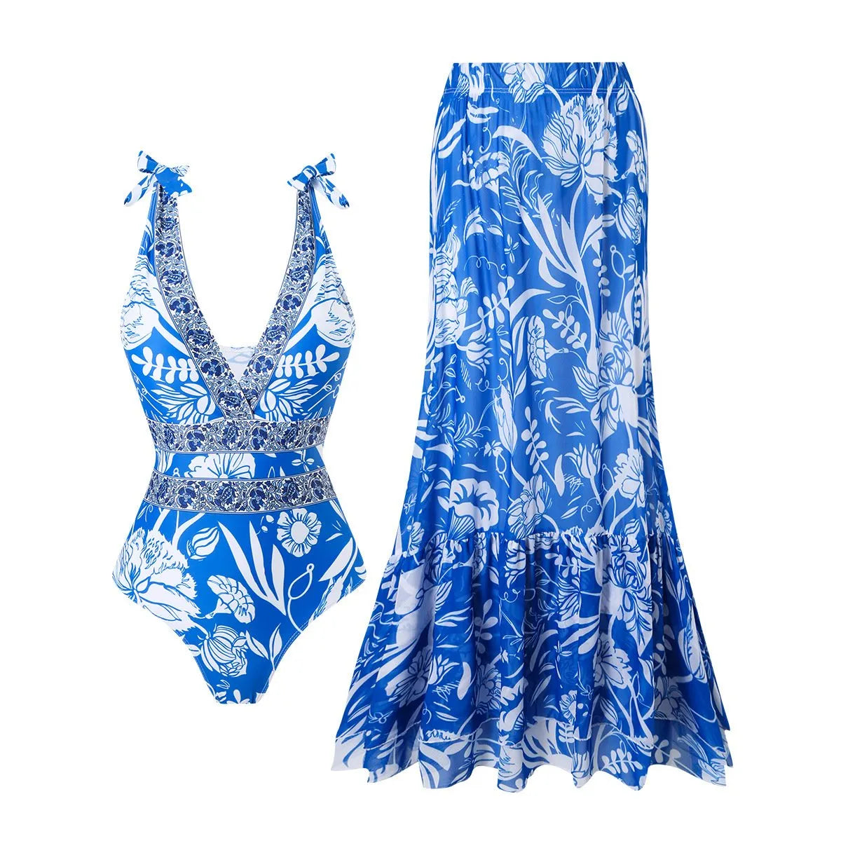 🩱V-neck One-Piece Swimsuit with Lace-up, Print, and Skirt💃