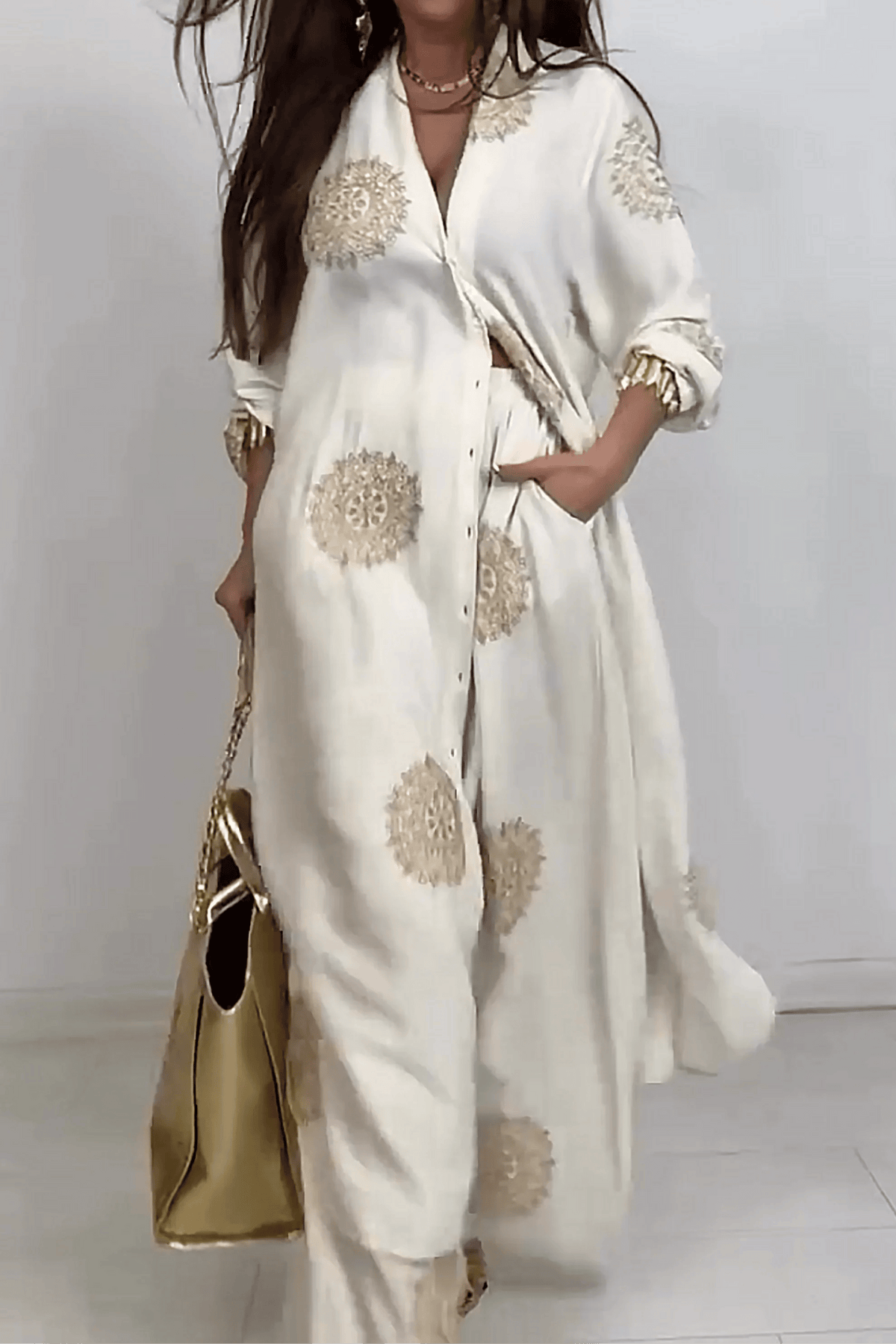 V-neck Long Coat & Printed Wide-leg Pants Two-piece Set