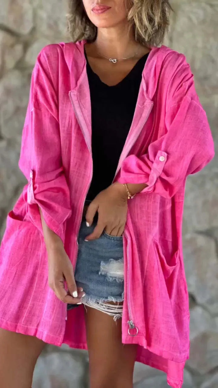 Ladies' Round Neck Zipper Spliced Hooded Casual Jacket