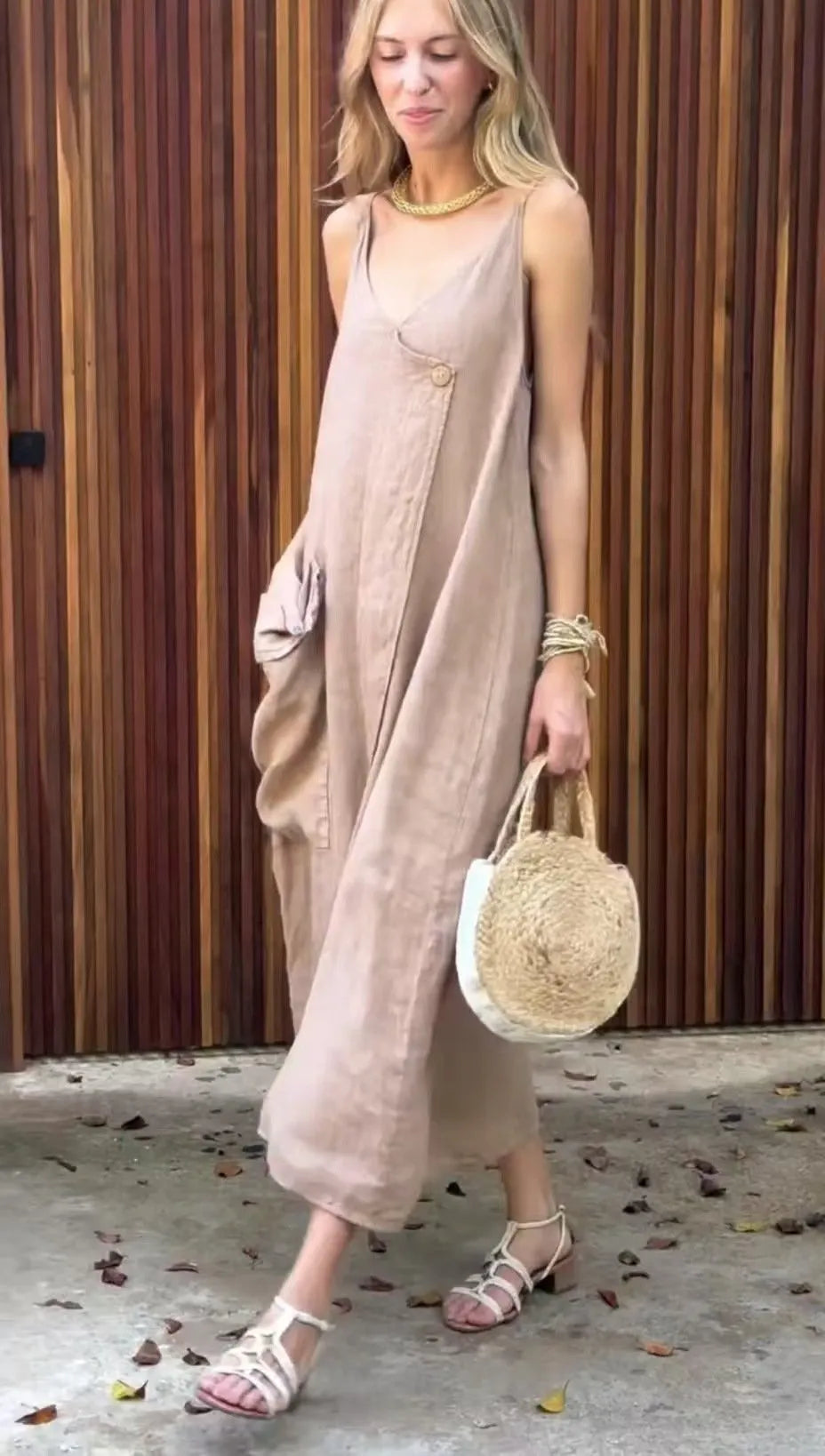 Fashionable Midi A-Line Dress with V-Neck and Large Pocket