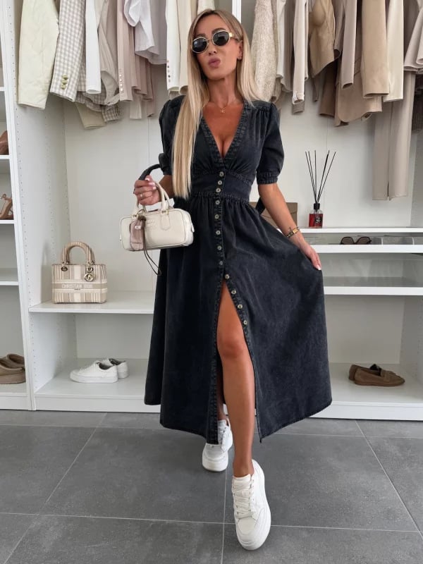V-Neck Short Sleeve Loose Denim Long Button-Up Dress