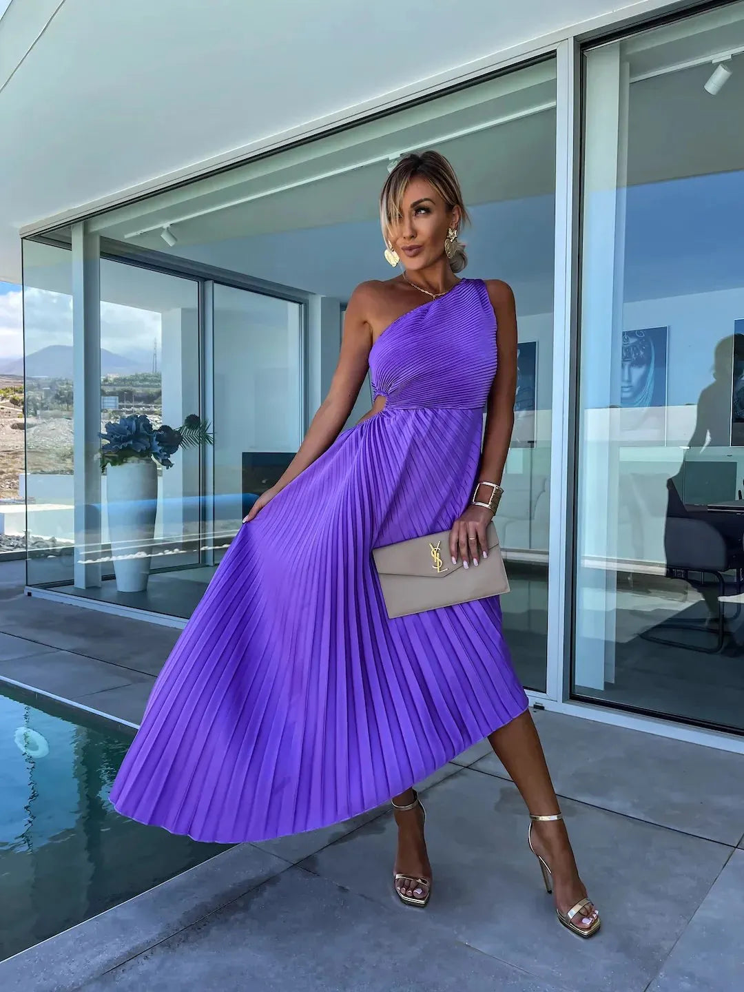 Stunning One - Shoulder Pleated Cut - Out Dress