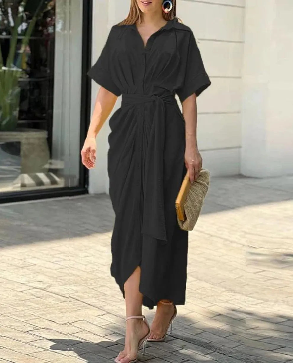 Printed Waist Cinching Shirt Dress
