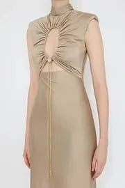 Genis Hollow Elastic Bust High Neck Sleeveless Gathered Maxi Dress