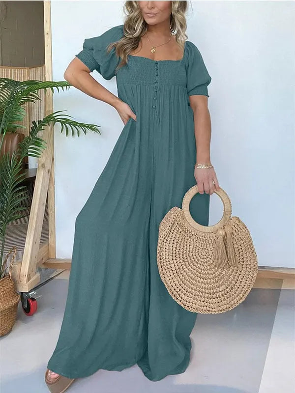 New Square Neckline Jumpsuit with Smocked Bodice Button (Buy 2 Free Shipping)