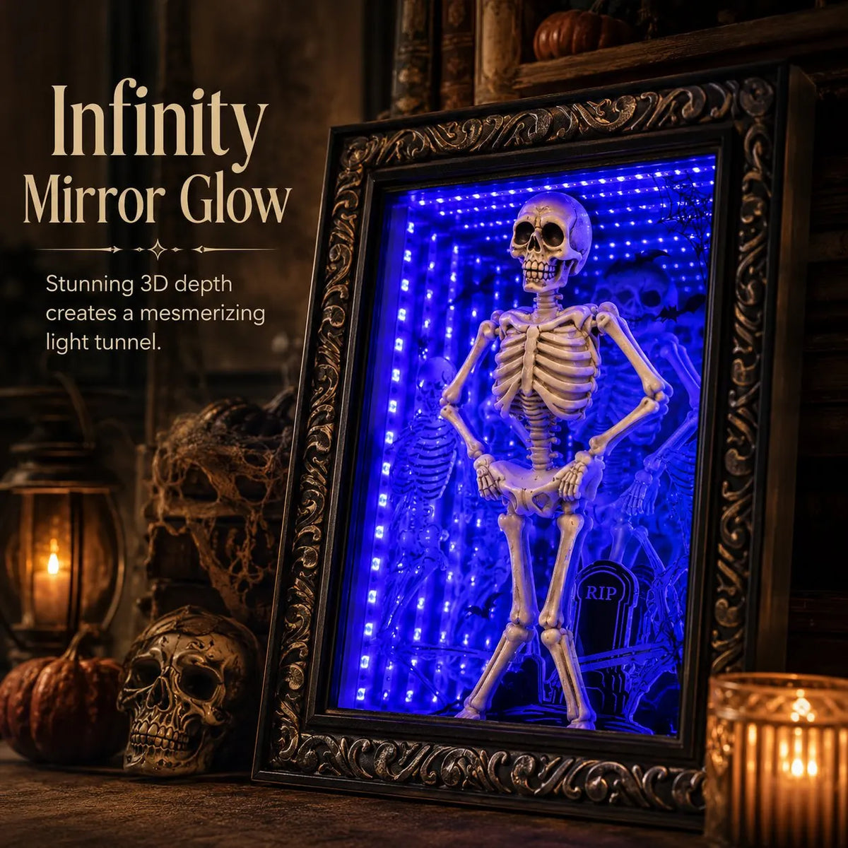 🎉💀Dancing Skeleton Infinity Mirror Frame | Stunning Depth LED Decor, Perfect Halloween Gift For Gothic Style Fans