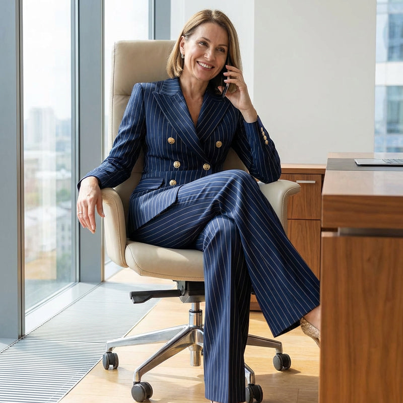 🎁 50% discount on the new 2026 collection💥Women's suit with stripes and double button closure, of high quality