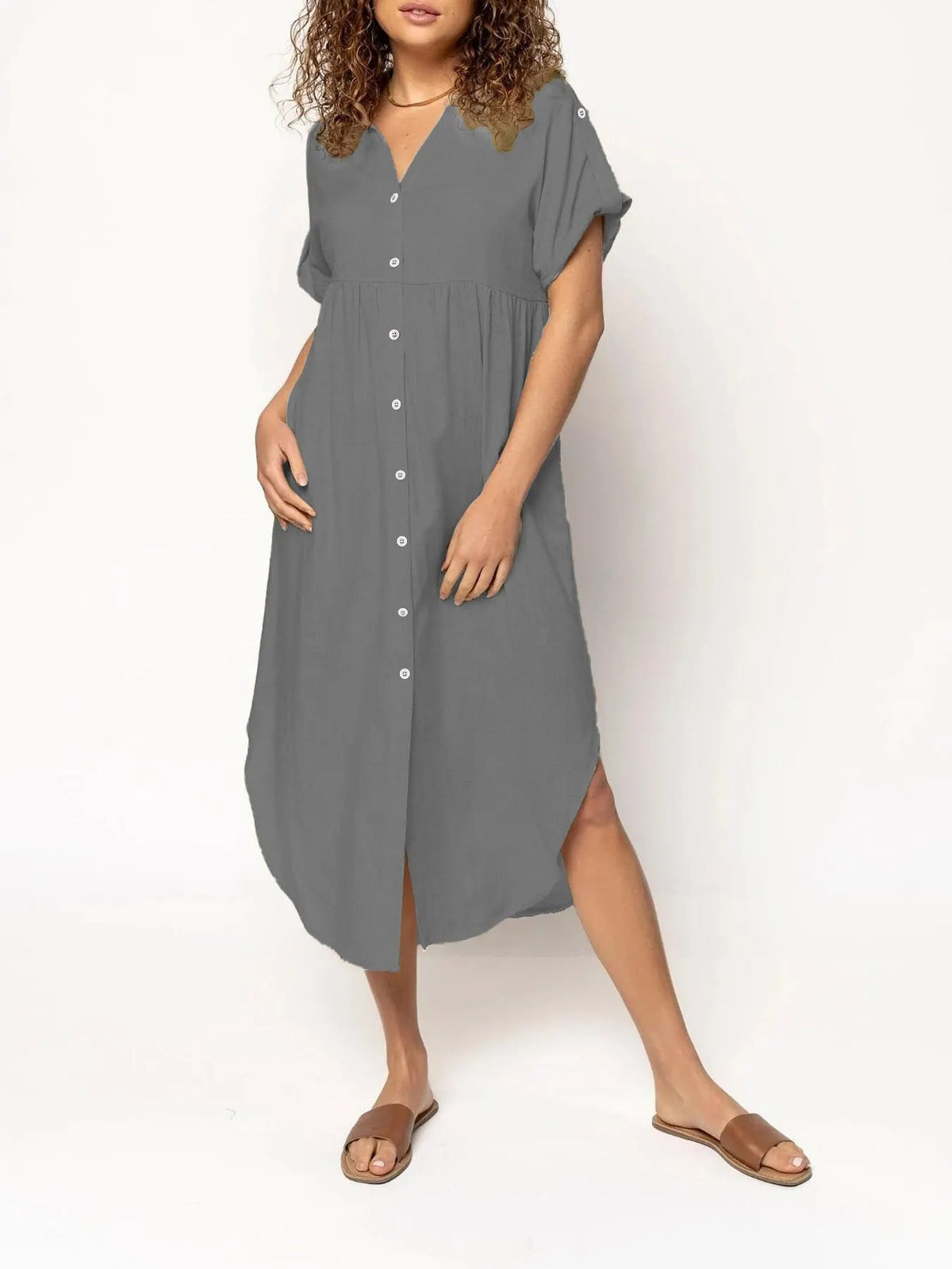 Long Button-down Dress Slit Hem (Buy 2 Free Shipping)