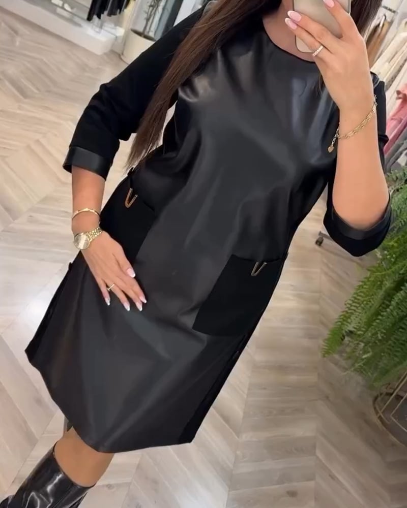 Round Neck Leather Patchwork Back Zipper Mid-Length Dress