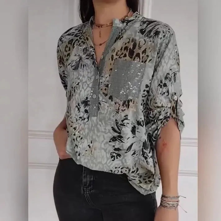 🌈 New✨ Casual printed shirt with half button placket for women