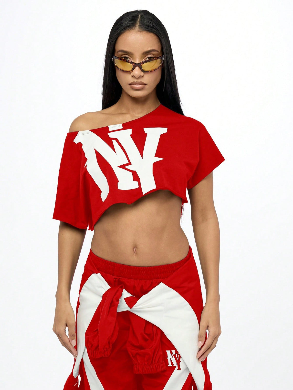 WOMEN Off Shoulder NY Logo Slouchy Crop Tee Athletic Varsity Sports Fan Streetwear Workout Fashion Athleisure Cropped T-Shirt Summer Urban Style