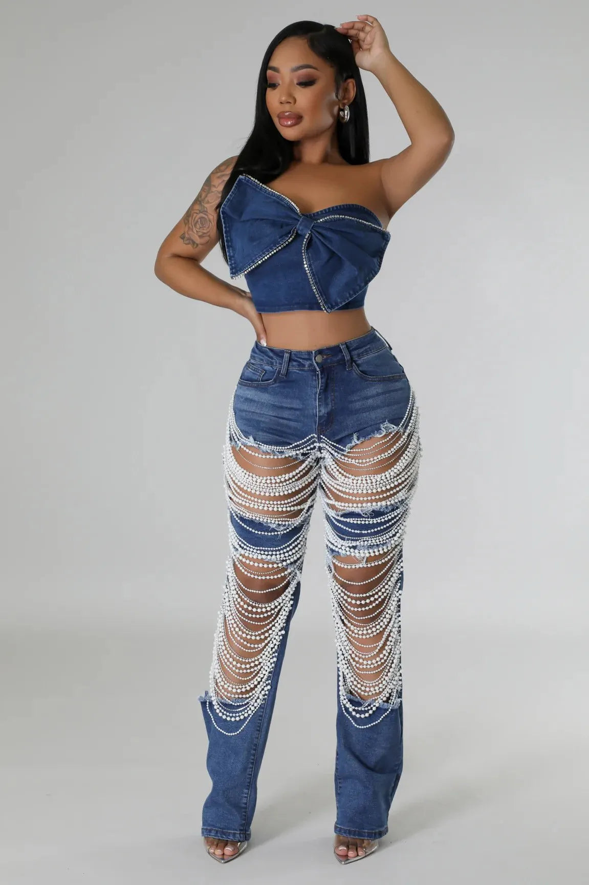 Free Shipping🔥 Stylish Multi-layered Pearl Chain Ripped Pocket Straight Jeans