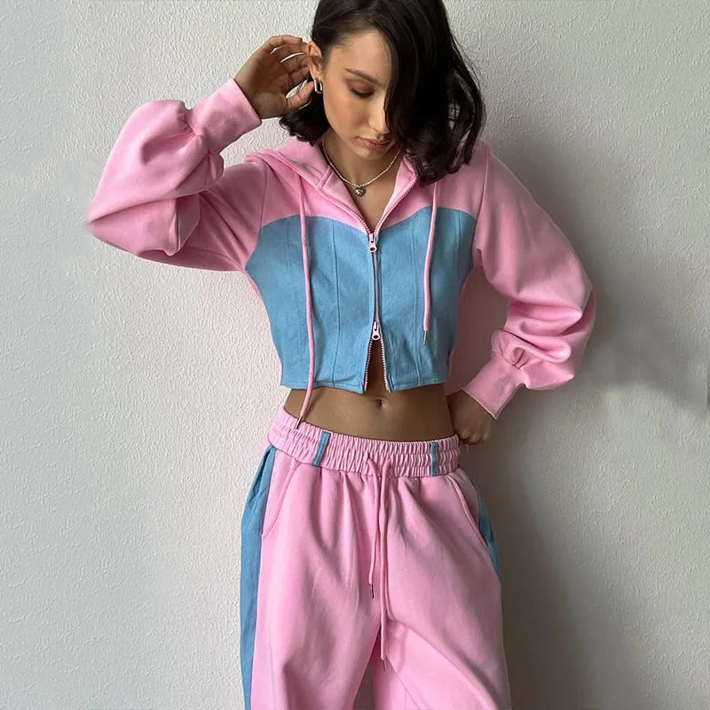 Women's Hooded Denim Patchwork Sweatshirt Two-piece Set
