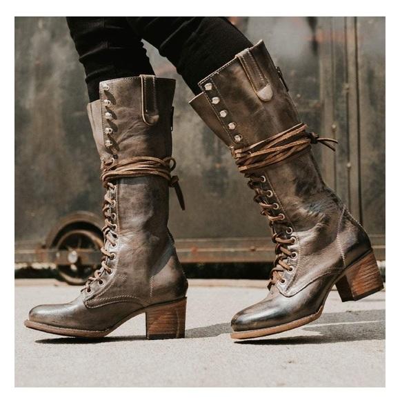 Women Round Toe Chunky Platform Medium Heel Long Lace Up Boots