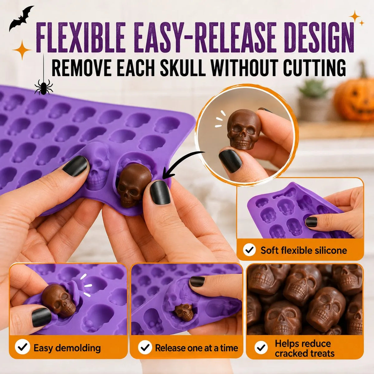 🎉49% OFF – 💀 Reusable 50-Cavity Mini Skull Silicone Candy Mold | Flexible Easy-Release Design for Chocolate, Candy Melts, Filled Treats & Halloween Desserts 🎃✨