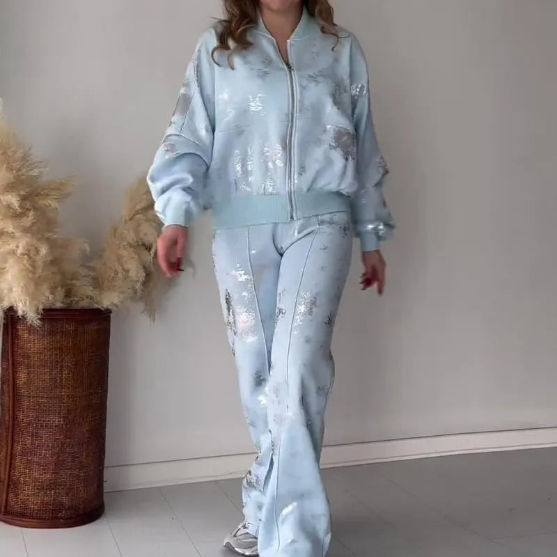 Solid Color Sequin Design Sweatshirt Set