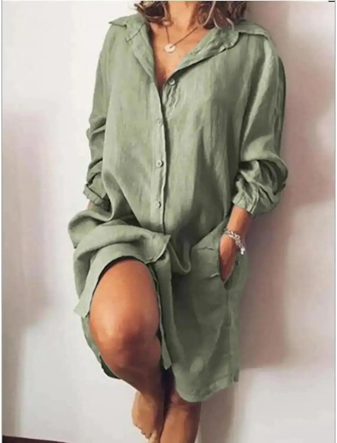Cotton-linen mid-length long-sleeve solid color cardigan