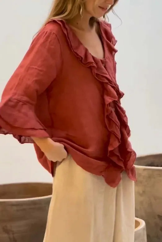 Hot Sale🔥Women Summer Ruffle Design Casual Linen Cotton Shirt