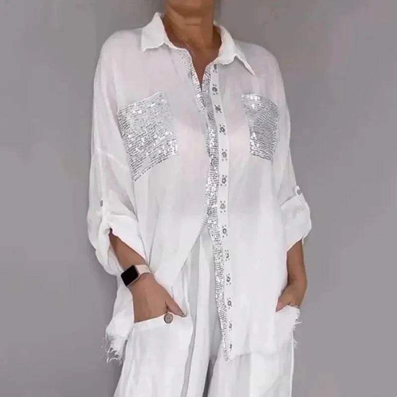 🎉Women's Sequin Shirt & Wide-Leg Pants Set