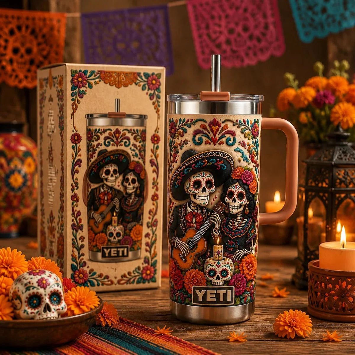 🔥HOT SALE🔥💀 🎸 Personalized Día de los Muertos Sugar Skull Couple 40oz Tumbler