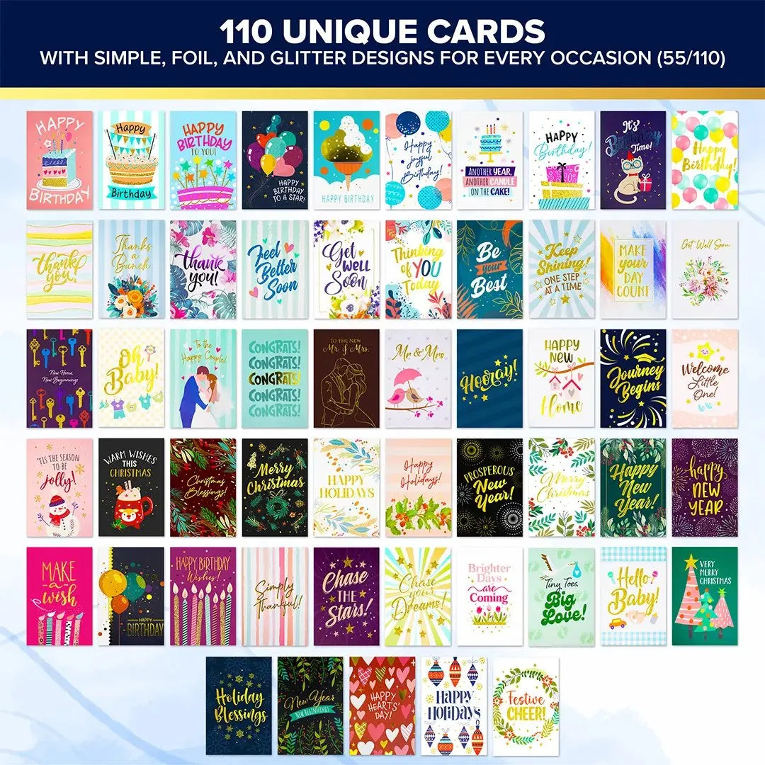 🎁 110 All Occasion Greeting Cards Box Set with Envelopes & Sticker Seals – Birthday, Thank You, Holiday, Wedding, Graduation & Celebration Cards Collection