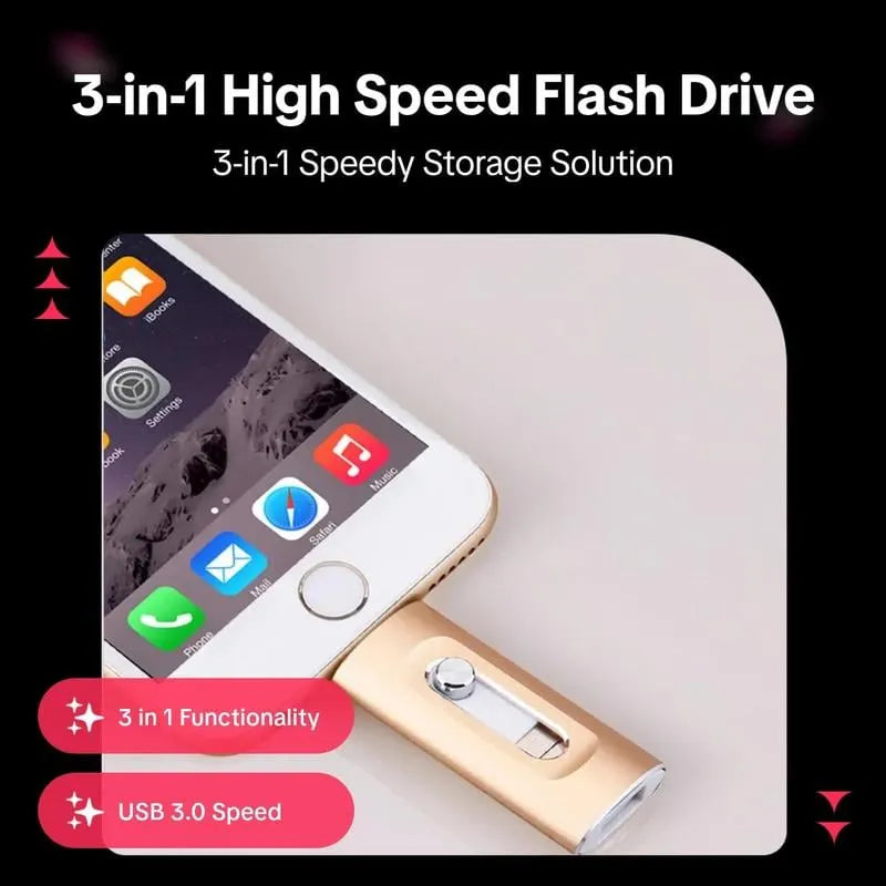 ⚡3 in 1 Flash Drive, Portable High Speed USB 3.0 Memory Storage, OTG Flash Pen Drive with Free Type-C Adapter for Android Phones/PC and More Devices
