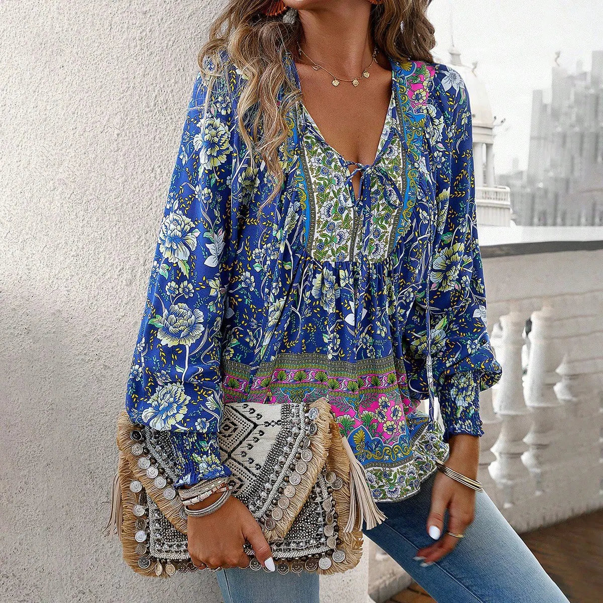 🌸Late Spring Promotion💐 Women's Fashion Printed v-Neck Long Sleeve Shirt