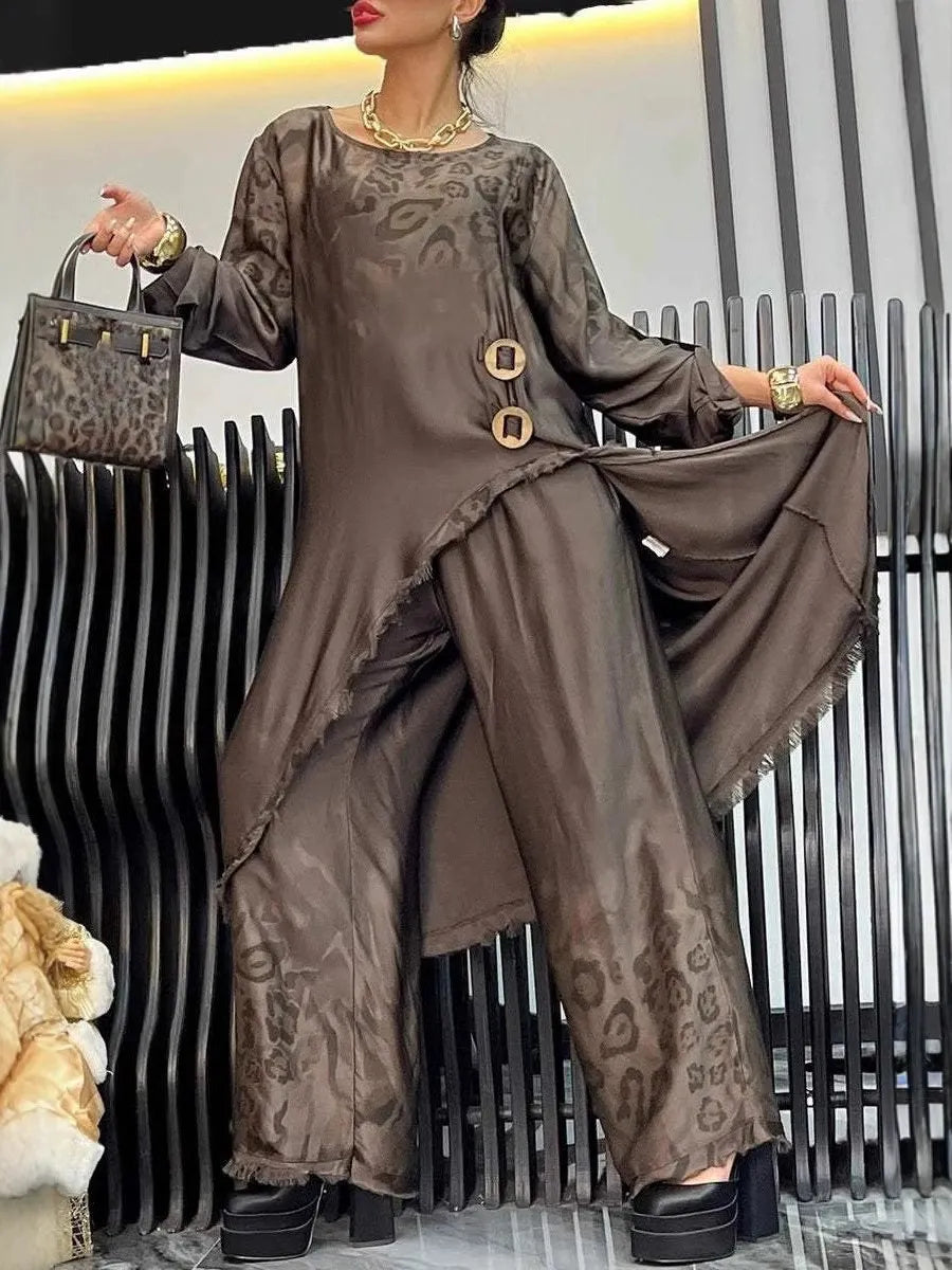 Women's Round Neck Irregular Leopard Print Gradient Casual Suit