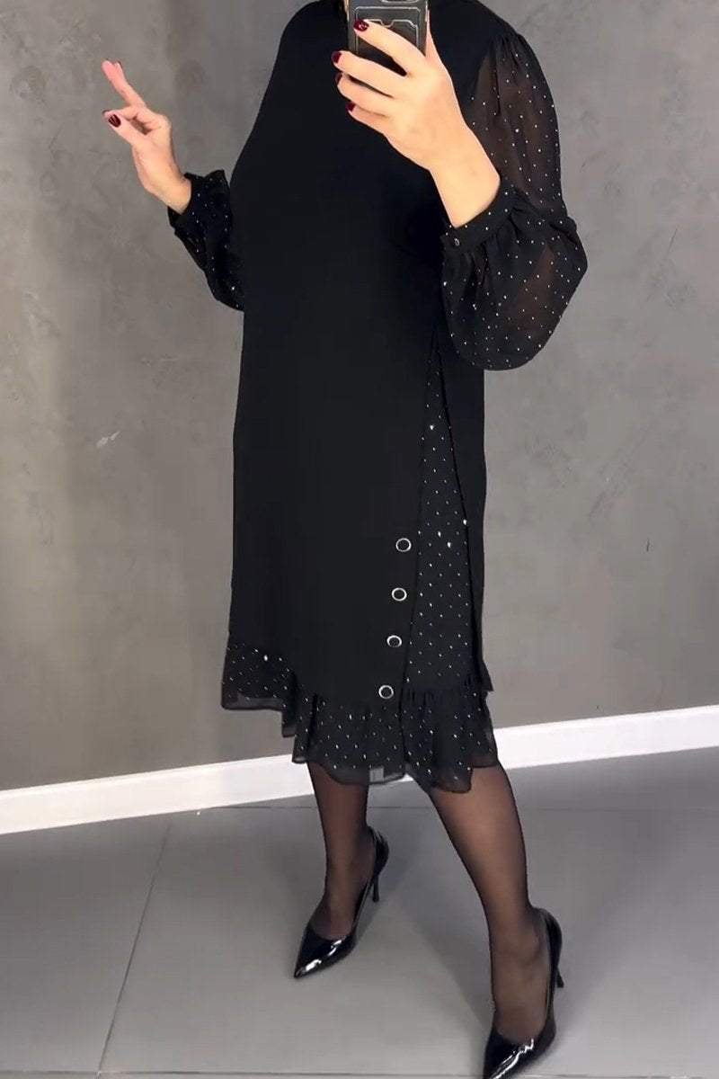 Women's Round Neck Black Hot Diamond Dress