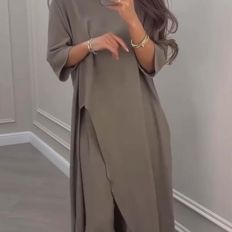 💃Limited Sale 49% OFF💕Solid Color Asymmetrical Top & Wide-Leg Pants 2-Piece Set