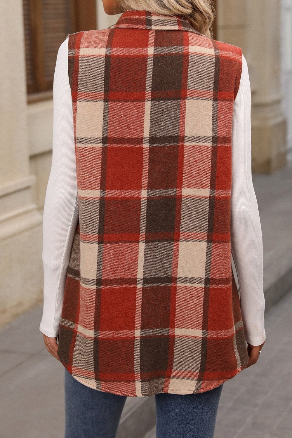 Women's Plaid Print Button Front Vest Coat