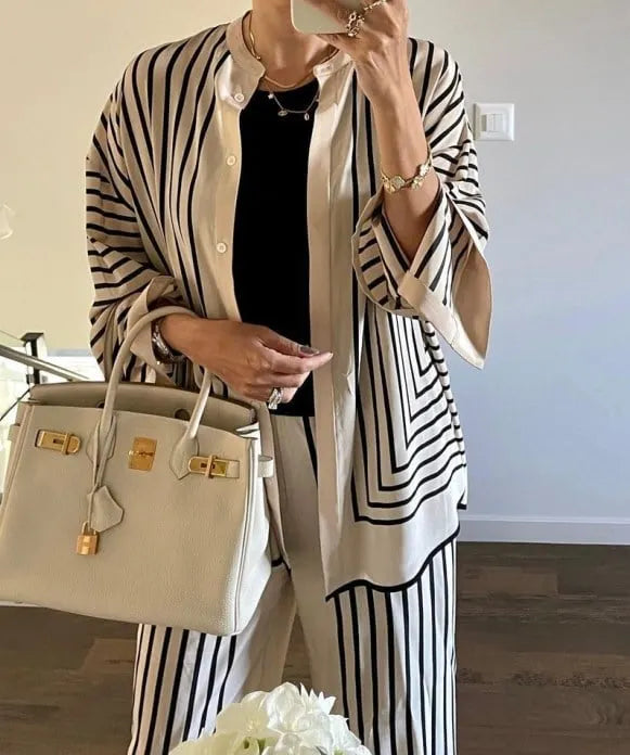 Elegant Pinstripe Shirt Single Breasted Round Neck Long Sleeve Top