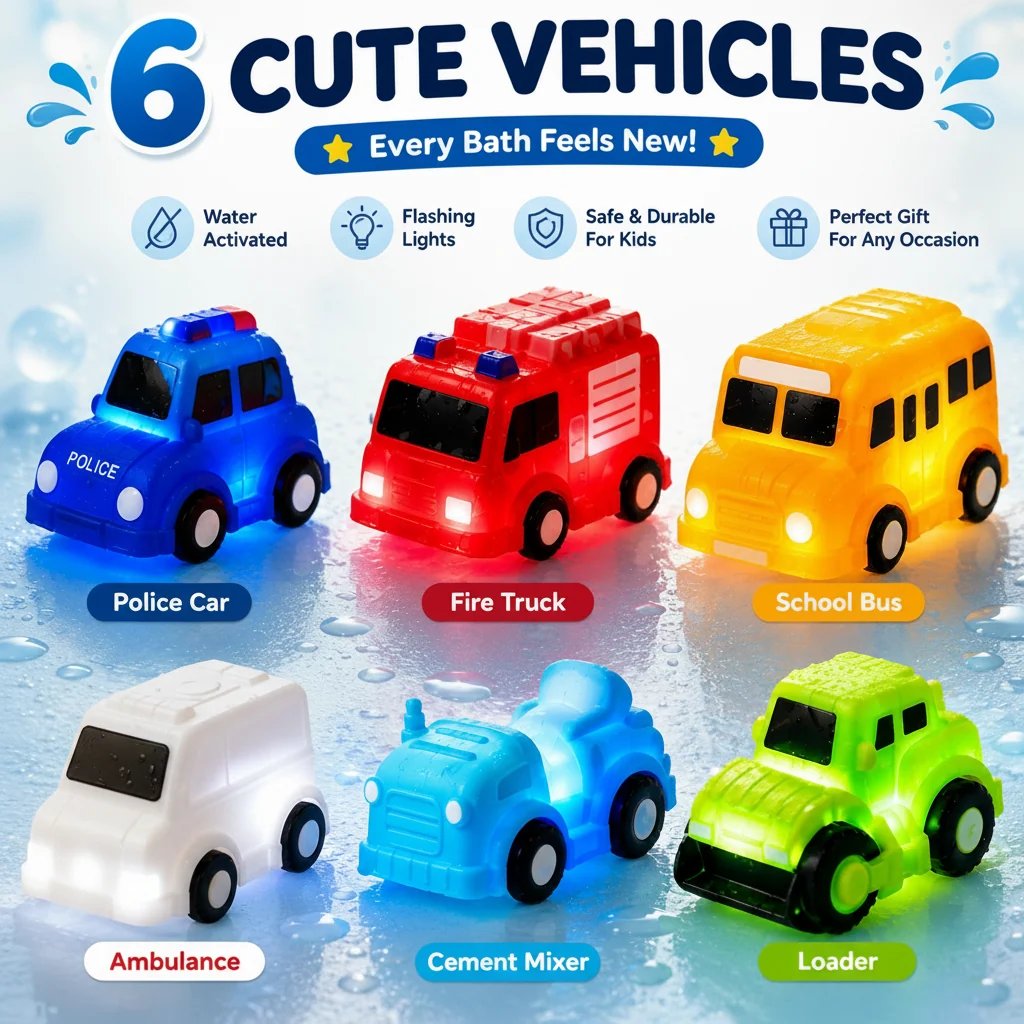 🎉🚗 6PCS Water-Activated Light-Up Bath Toy Cars – Traffic & Construction Vehicles for Kids