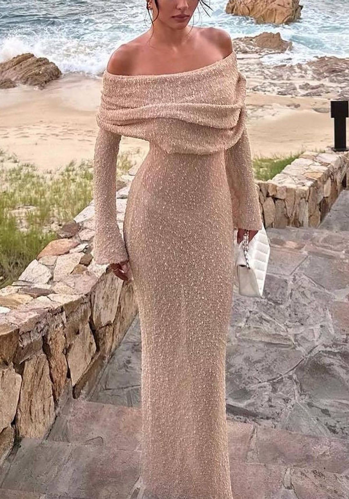 Off Shoulder Stretchy Mesh Knit Maxi Dress