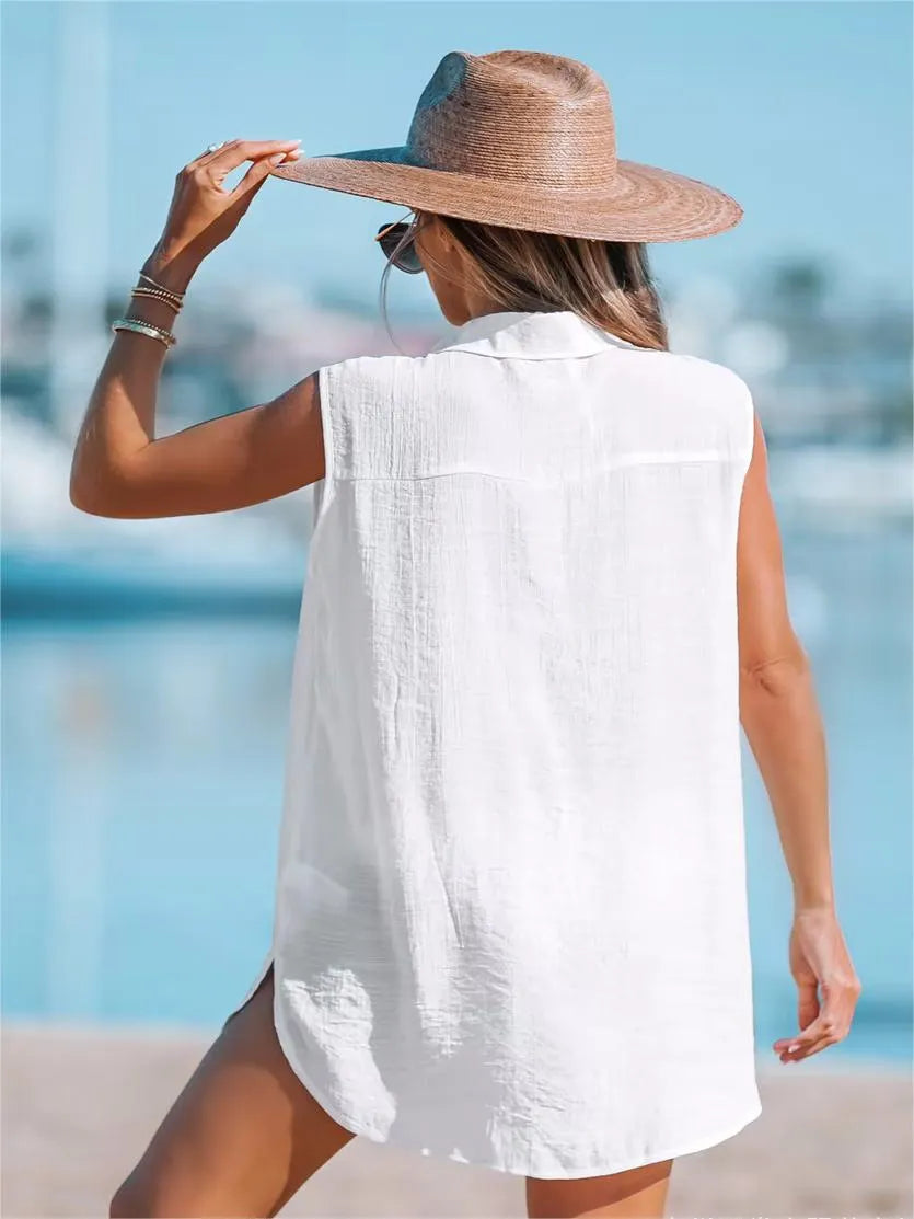Women's Summer Beach Sleeveless Lapel Pleated Top (Buy 2 Free Shipping)
