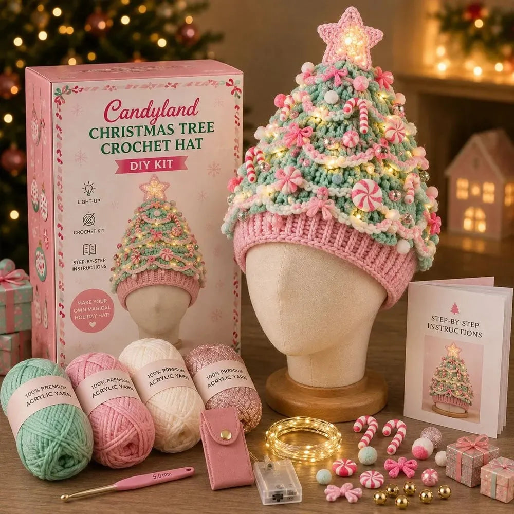🎉🎄Beginner-Friendly Light-Up Christmas Tree Crochet Hat DIY Kit | Complete Kit with Coordinated Yarn, LED Lights & Step-by-Step Guide Included 💕
