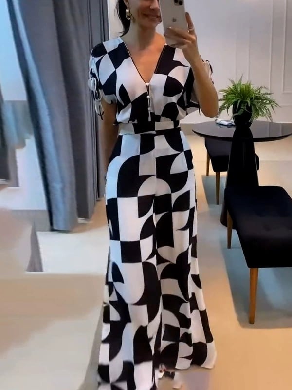 Women's Casual V-Neck Geometric Print Wide Leg Jumpsuit