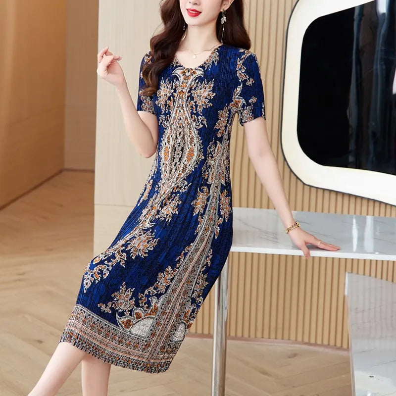 Women's ultra stretch print pleated dress
