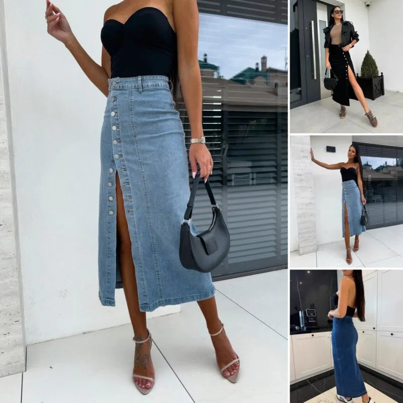🌸Spring Specials💐 Stylish Button Closure Split Denim Bodycon Skirt