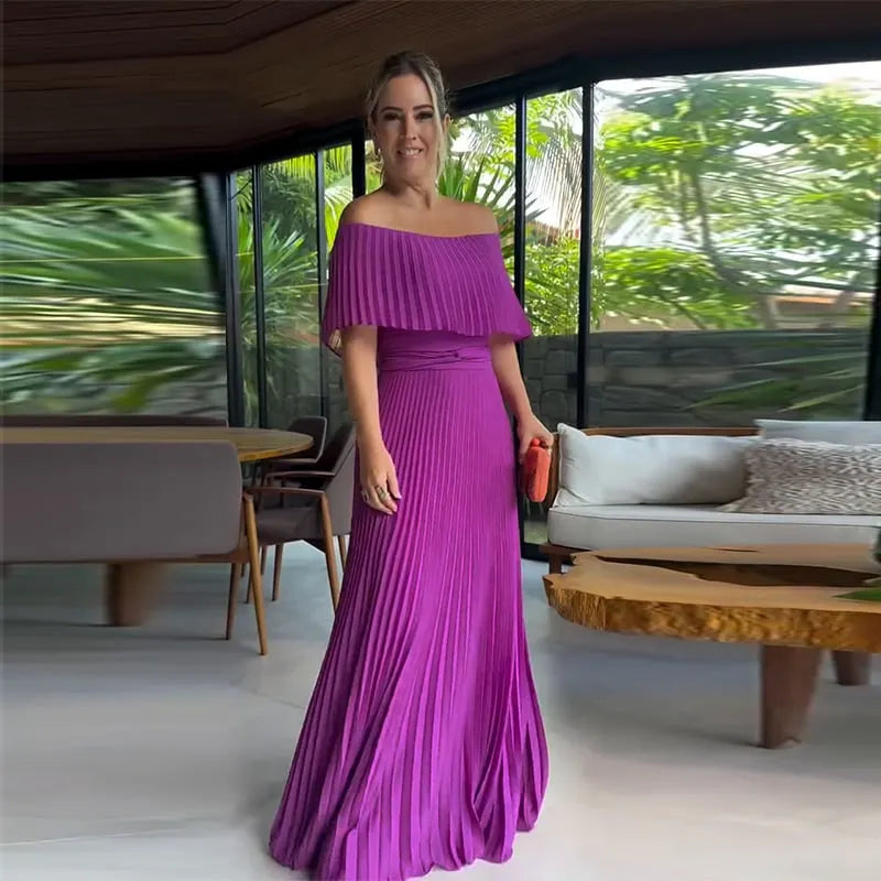 Women's News Pleated Flat shoulder sleeves Waist-Cinching Dress