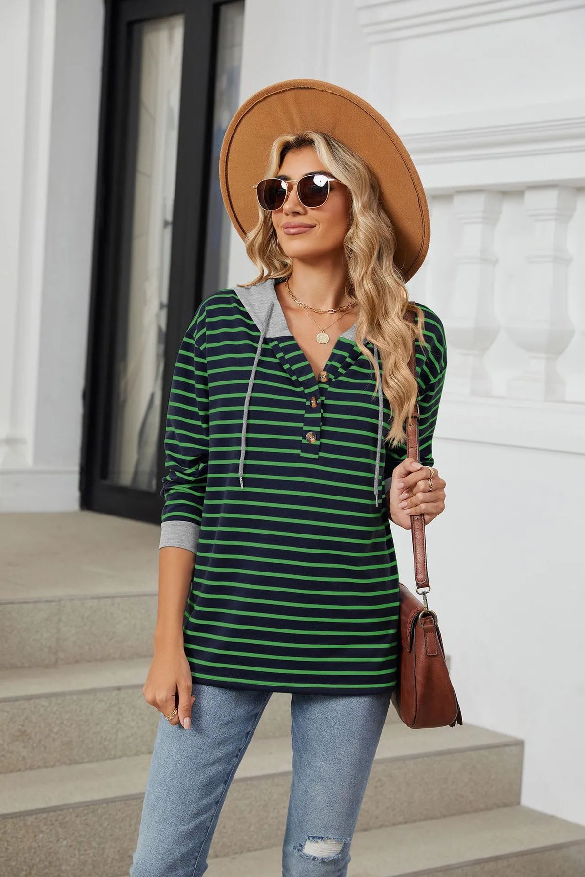 Women's Casual Pullover Button Up Drawstring Hoodie