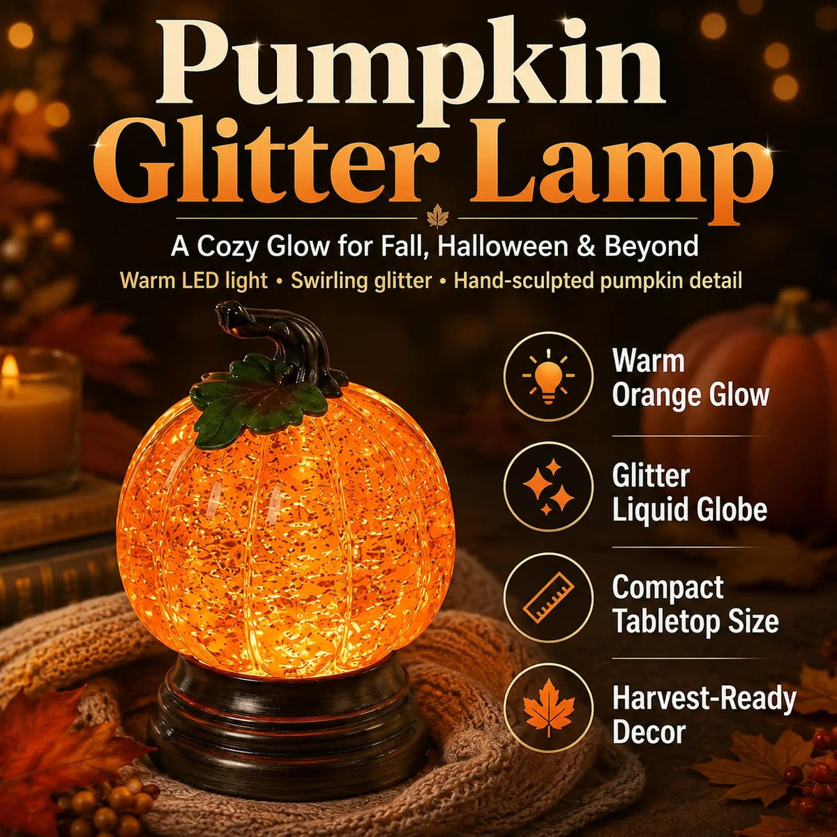🎉 🎃Glitter Lighted Pumpkin Snow Globe