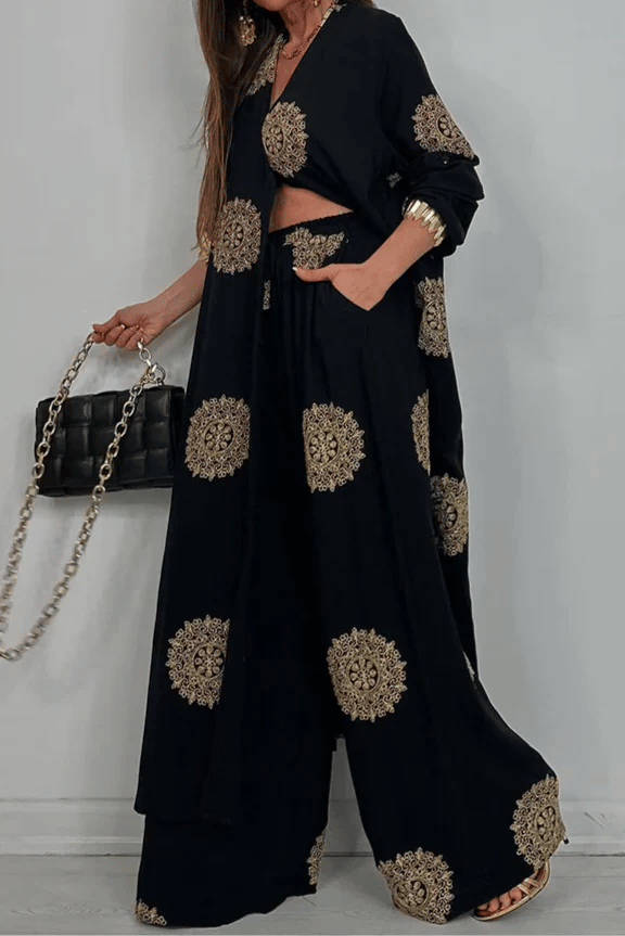 V-neck Long Coat & Printed Wide-leg Pants Two-piece Set